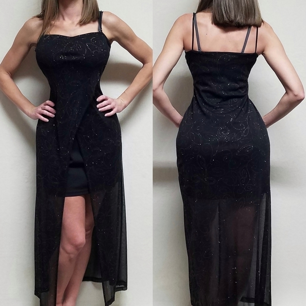 Vintage 90s Next Up Black Sheer Mesh Pink Curlicue Glitter Mini Hi-low Dress L